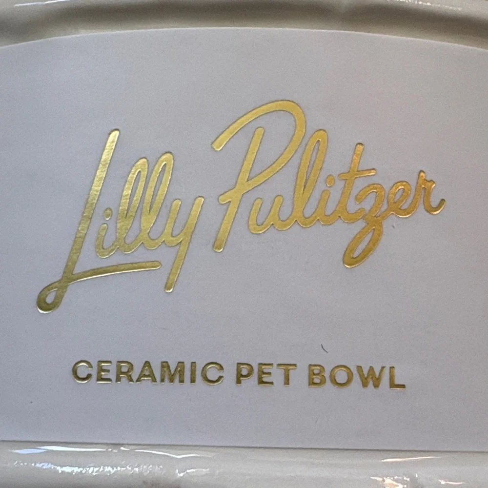 Lilly Pulitzer Pet White Ceramic Bowl with Yellow Sun Motif